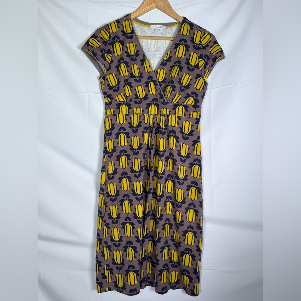 Boden Women’s Midi Dress Brown Yellow Floral Tulip Print Short Sleeve V Neck 6 - Picture 1 of 8